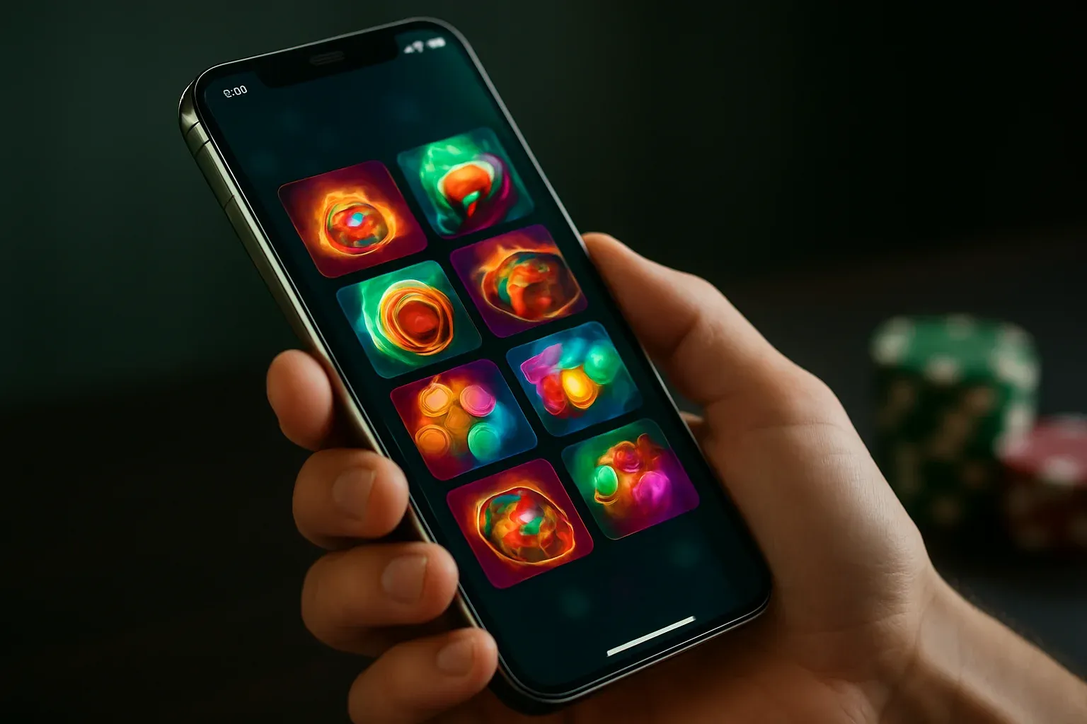 Flagship Android smartphone displaying a vivid premium casino app interface