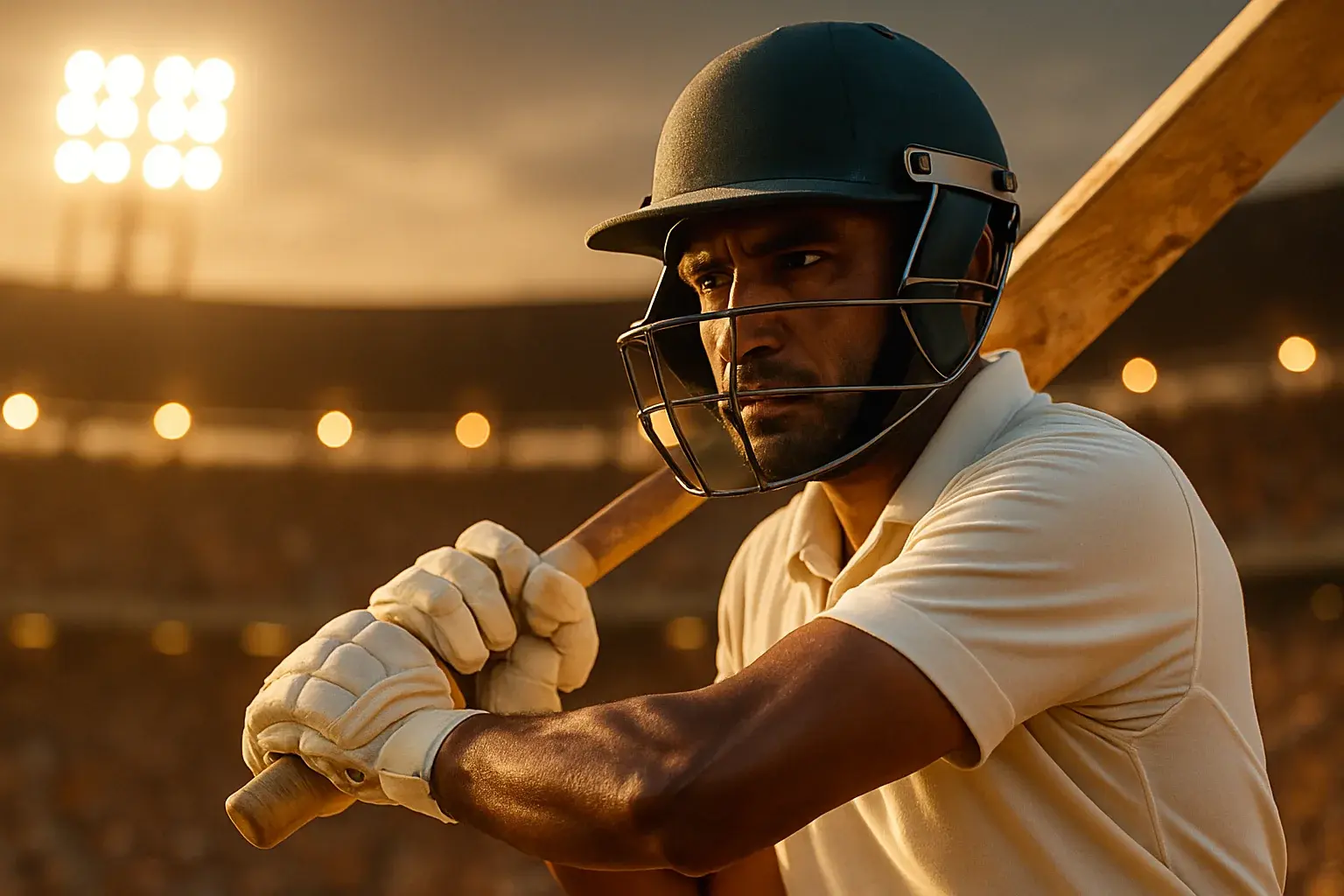 Bangladeshi male cricket batsman in white kit mid-swing under stadium lights