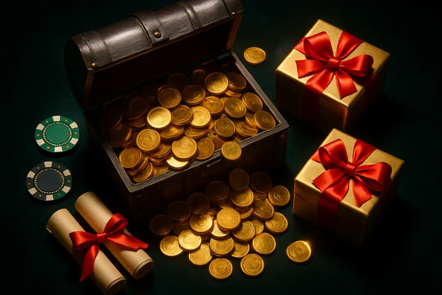 Overflowing treasure chest with coins, casino chips, vouchers, and gift boxes