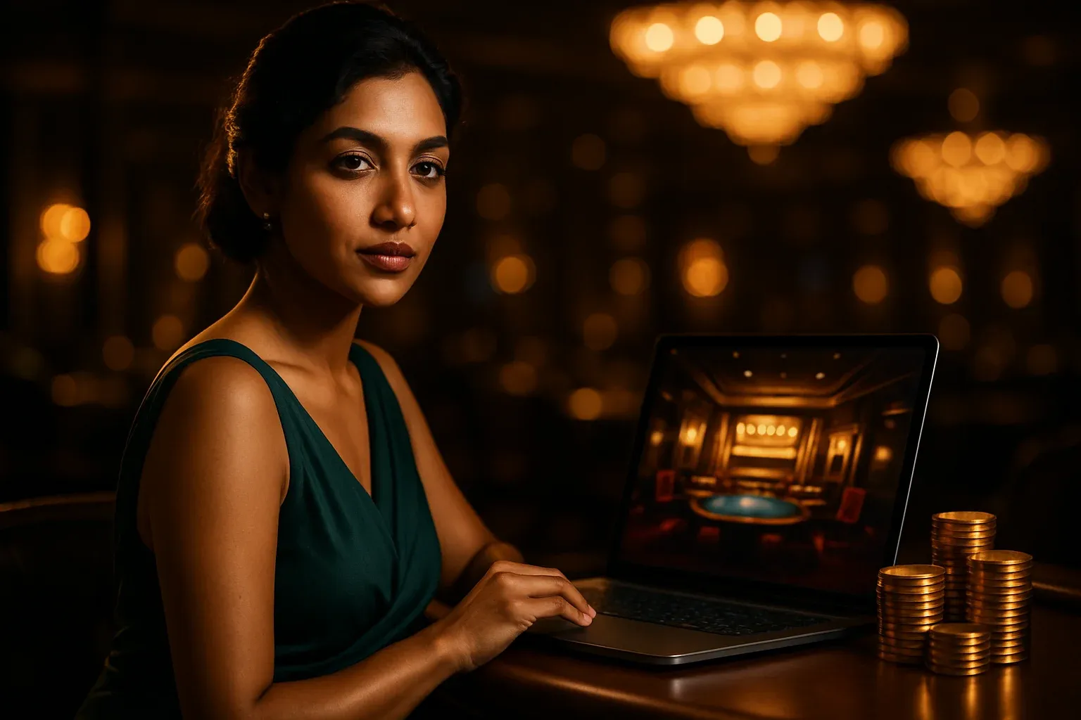 Elegant Bangladeshi woman at luxury online casino lounge with laptop and chips