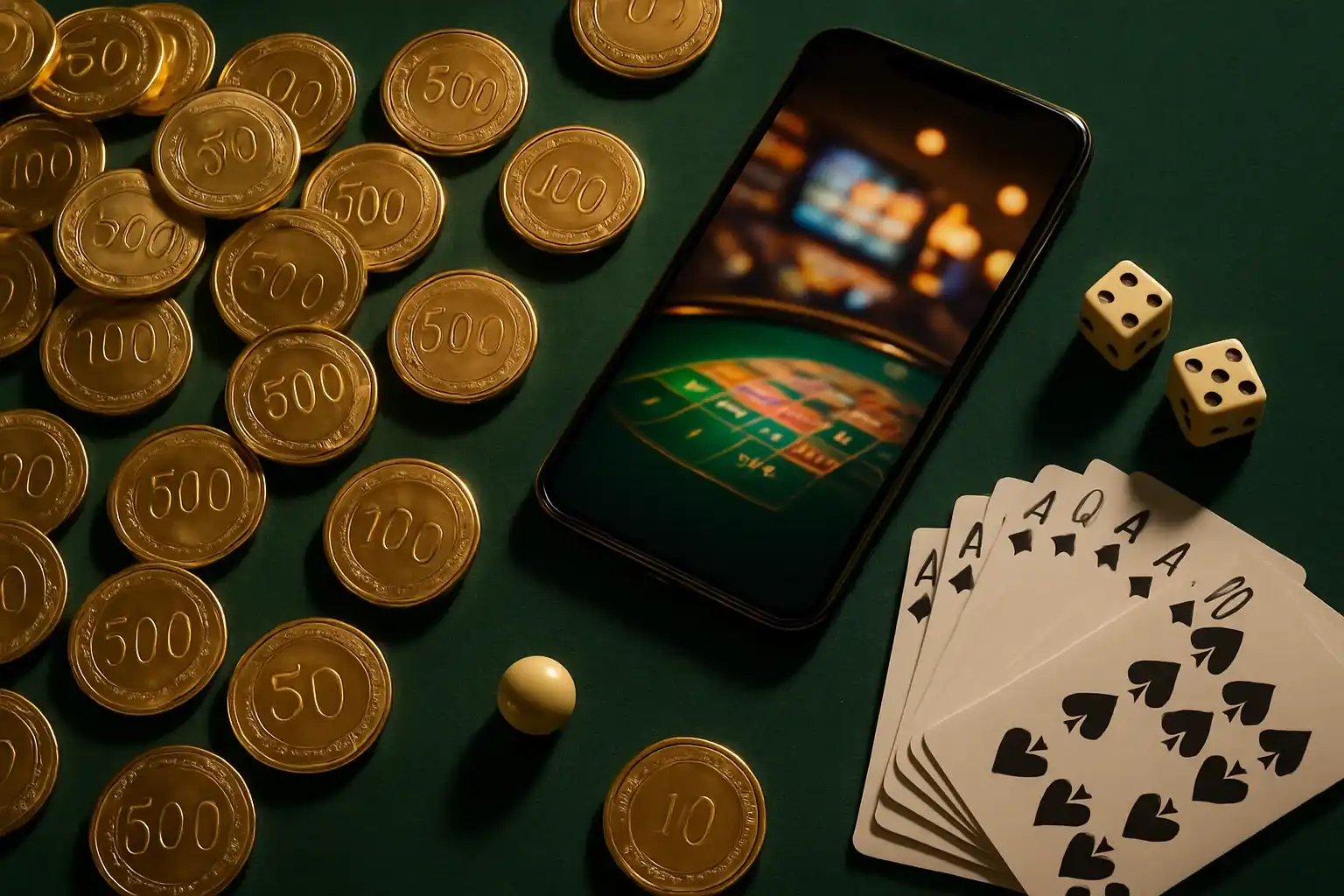 Top-down casino table with gold chips, cards, dice, roulette ball, smartphone