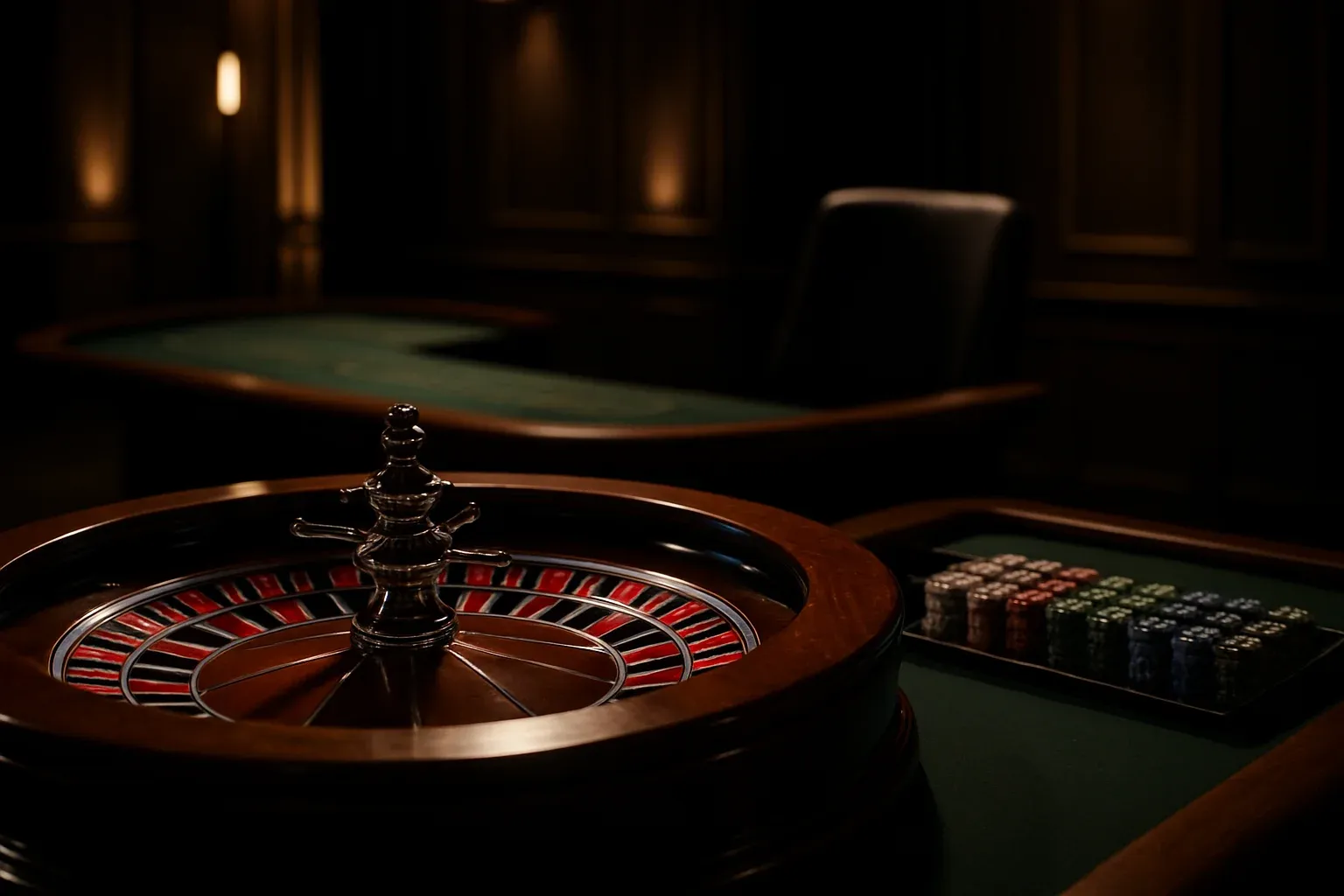 Hyperrealistic live casino studio with empty roulette table and dramatic lighting