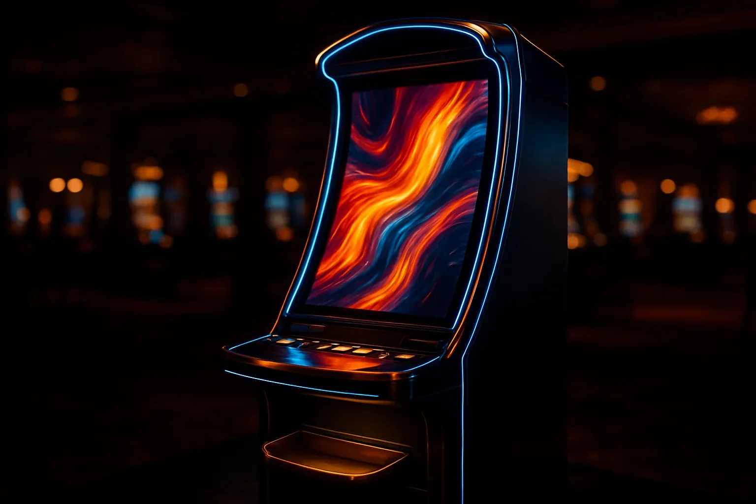 Hyperrealistic premium slot machine glowing in dark luxury casino floor